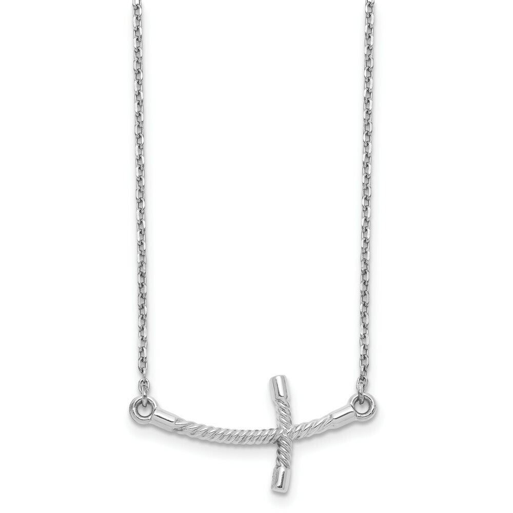 14k White Gold Large Sideways Curved Twist Cross Necklace  length: 19 inches