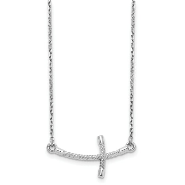 14k White Gold Large Sideways Curved Twist Cross Necklace  length: 19 inches