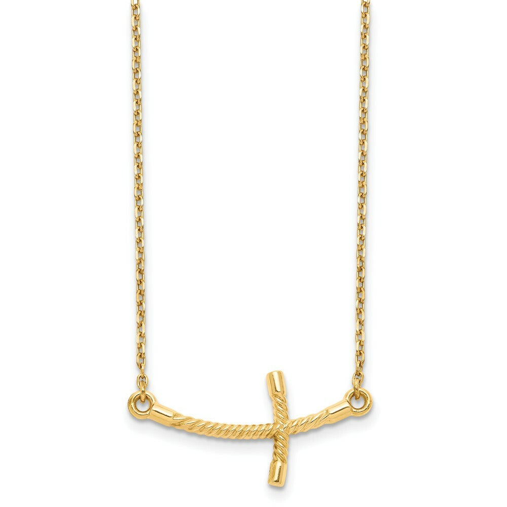 14K Yellow Gold Large Sideways Curved Twist Cross Necklace  length: 19 inches