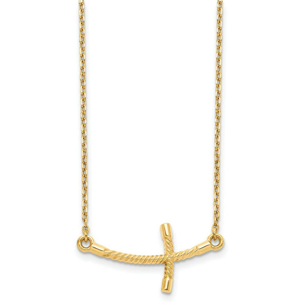 14K Yellow Gold Large Sideways Curved Twist Cross Necklace  length: 19 inches