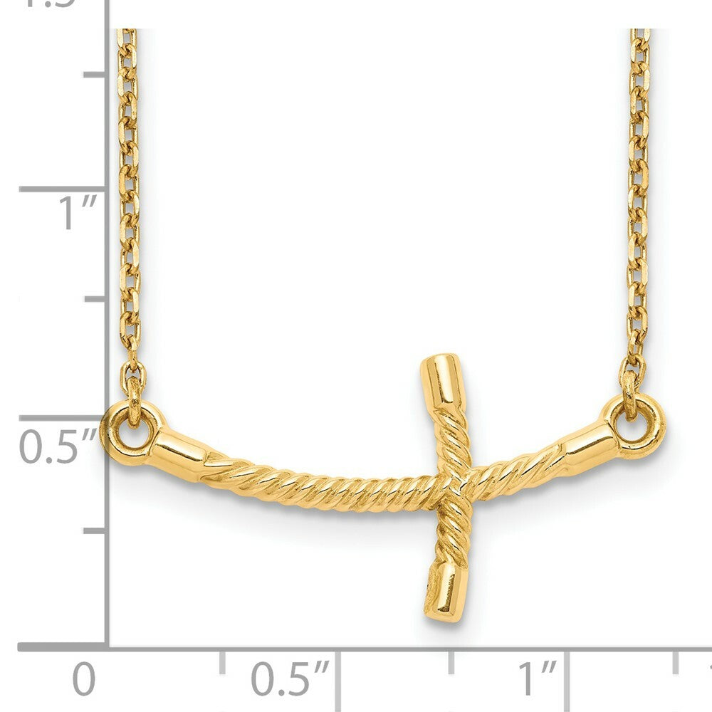14K Yellow Gold Large Sideways Curved Twist Cross Necklace  length: 19 inches
