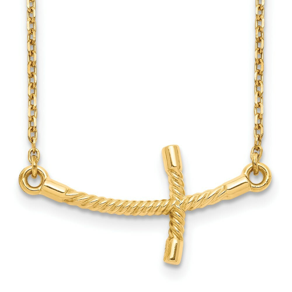14K Yellow Gold Large Sideways Curved Twist Cross Necklace  length: 19 inches