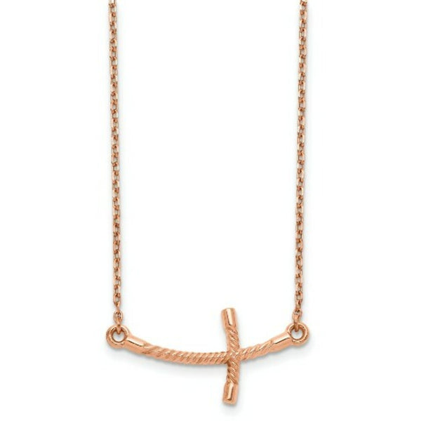 14k Rose Gold Large Sideways Curved Twist Cross Necklace  length: 19 inches