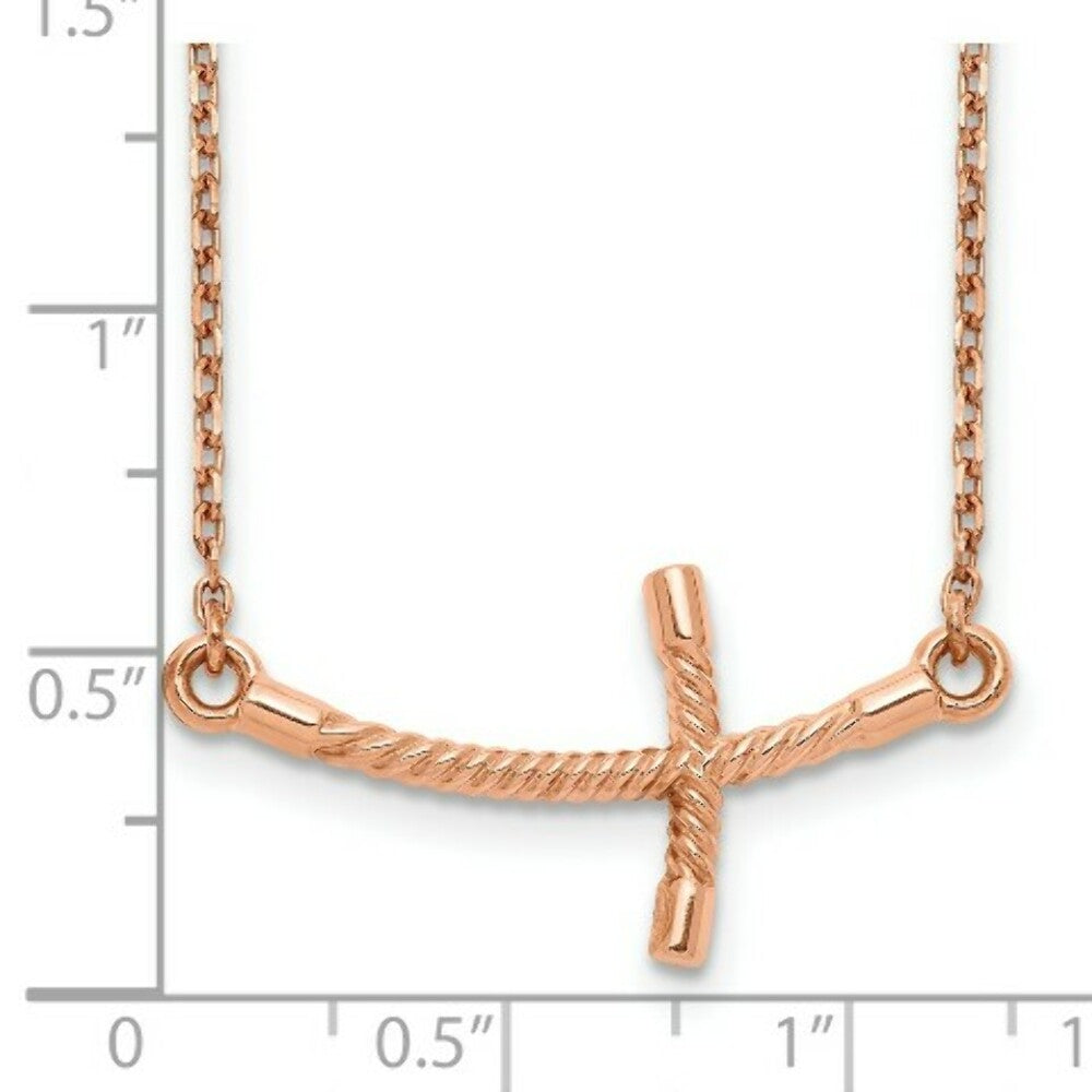 14k Rose Gold Large Sideways Curved Twist Cross Necklace  length: 19 inches