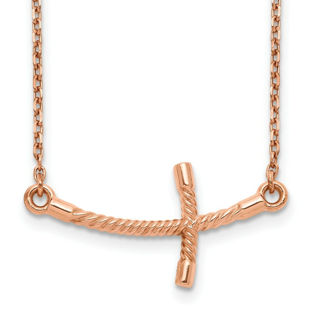 14k Rose Gold Large Sideways Curved Twist Cross Necklace  length: 19 inches