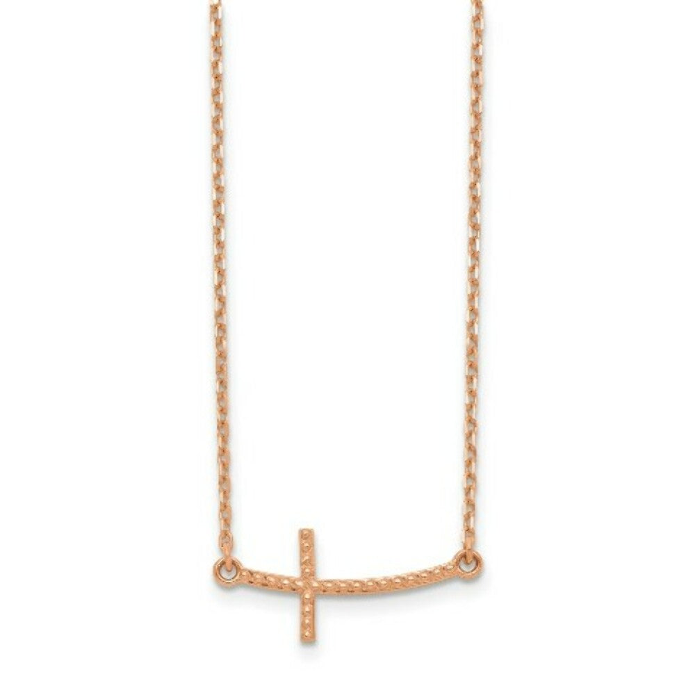 14k Rose Gold Sideways Curved Textured Cross Necklace  length: 19 inches