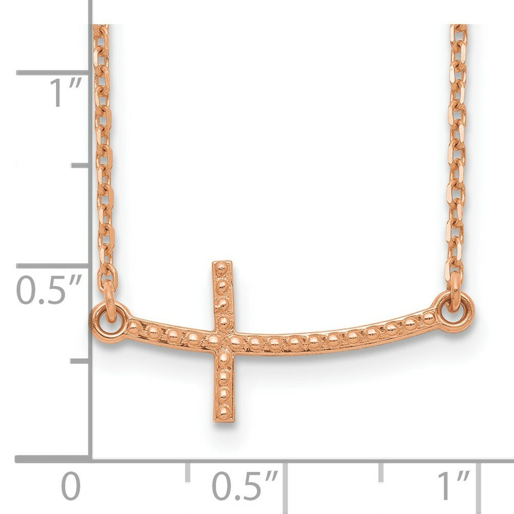 14k Rose Gold Sideways Curved Textured Cross Necklace  length: 19 inches