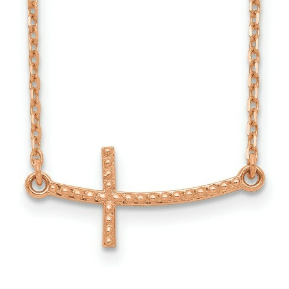 14k Rose Gold Sideways Curved Textured Cross Necklace  length: 19 inches