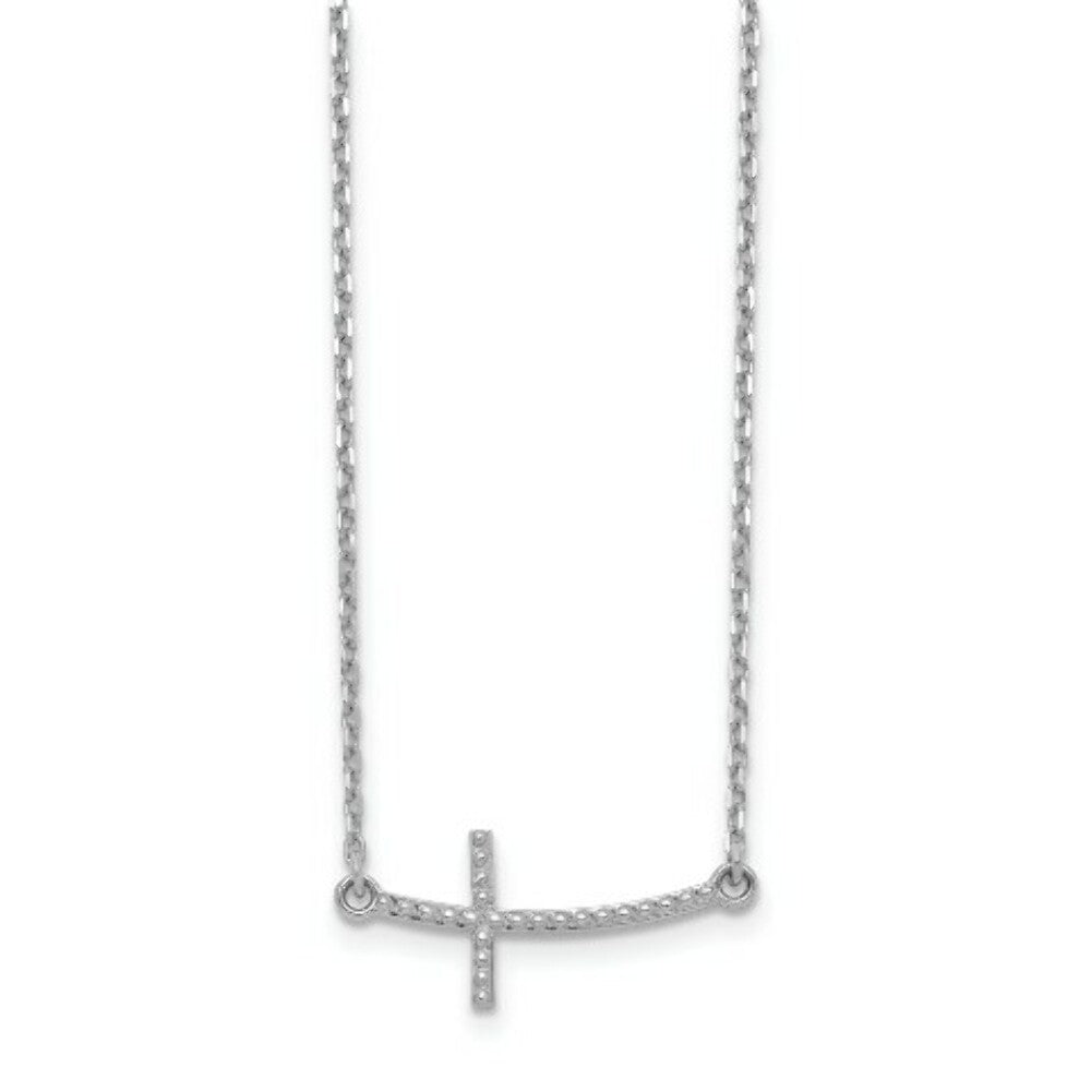 14k White Gold Sideways Curved Textured Cross Necklace  length: 19 inches
