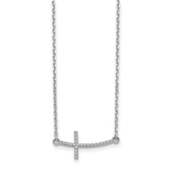 14k White Gold Sideways Curved Textured Cross Necklace  length: 19 inches