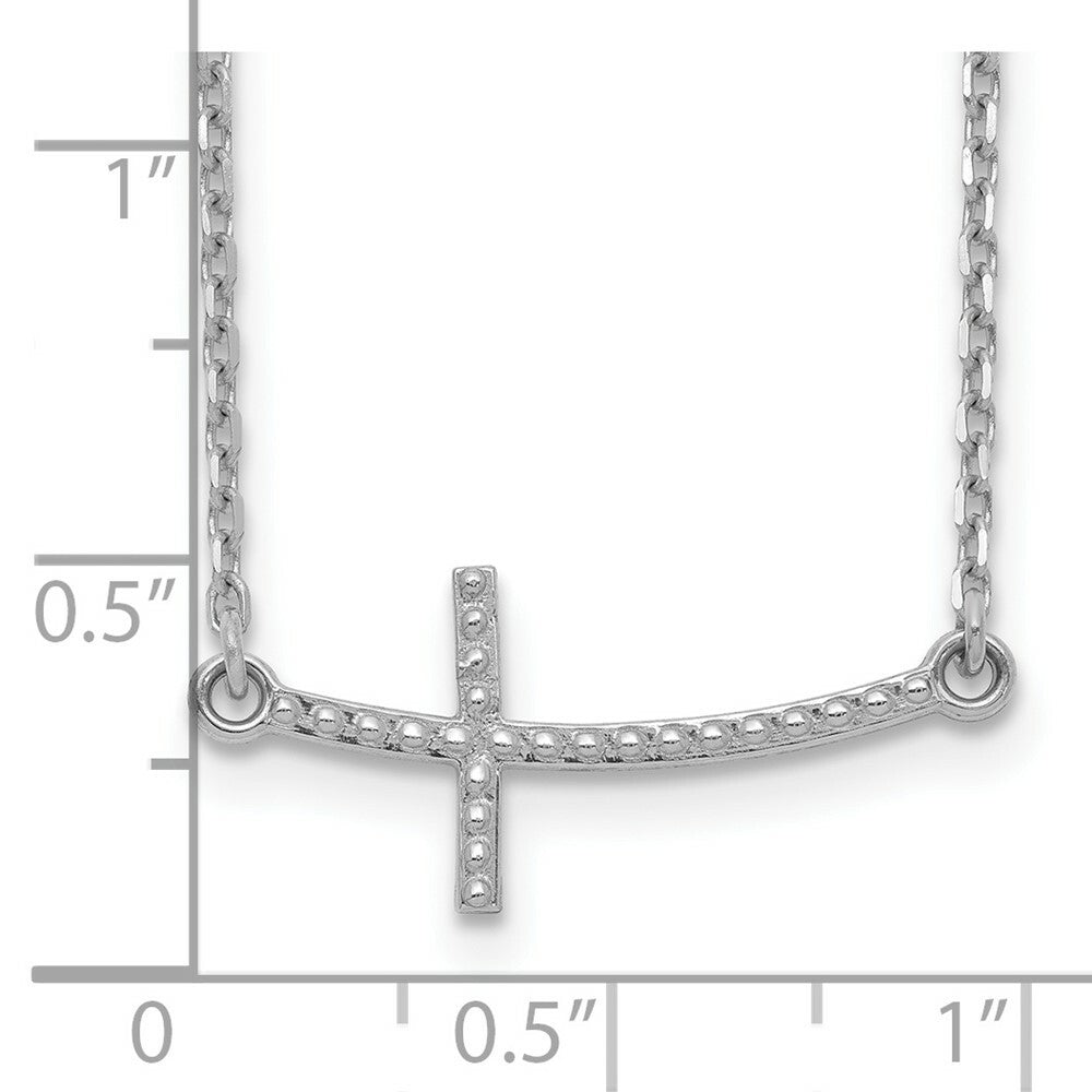 14k White Gold Sideways Curved Textured Cross Necklace  length: 19 inches