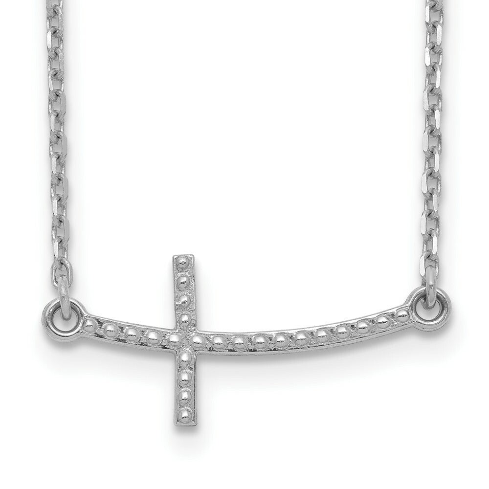 14k White Gold Sideways Curved Textured Cross Necklace  length: 19 inches