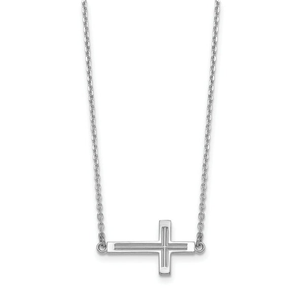14k White Gold Sideways Cut-out Cross Necklace  length: 19 inches