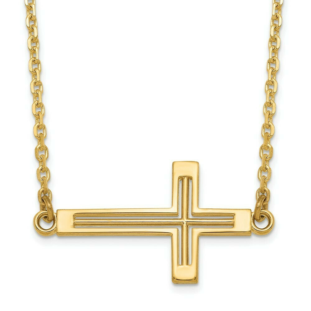 14K Yellow Gold Sideways Cut-out Cross Necklace  length: 19 inches