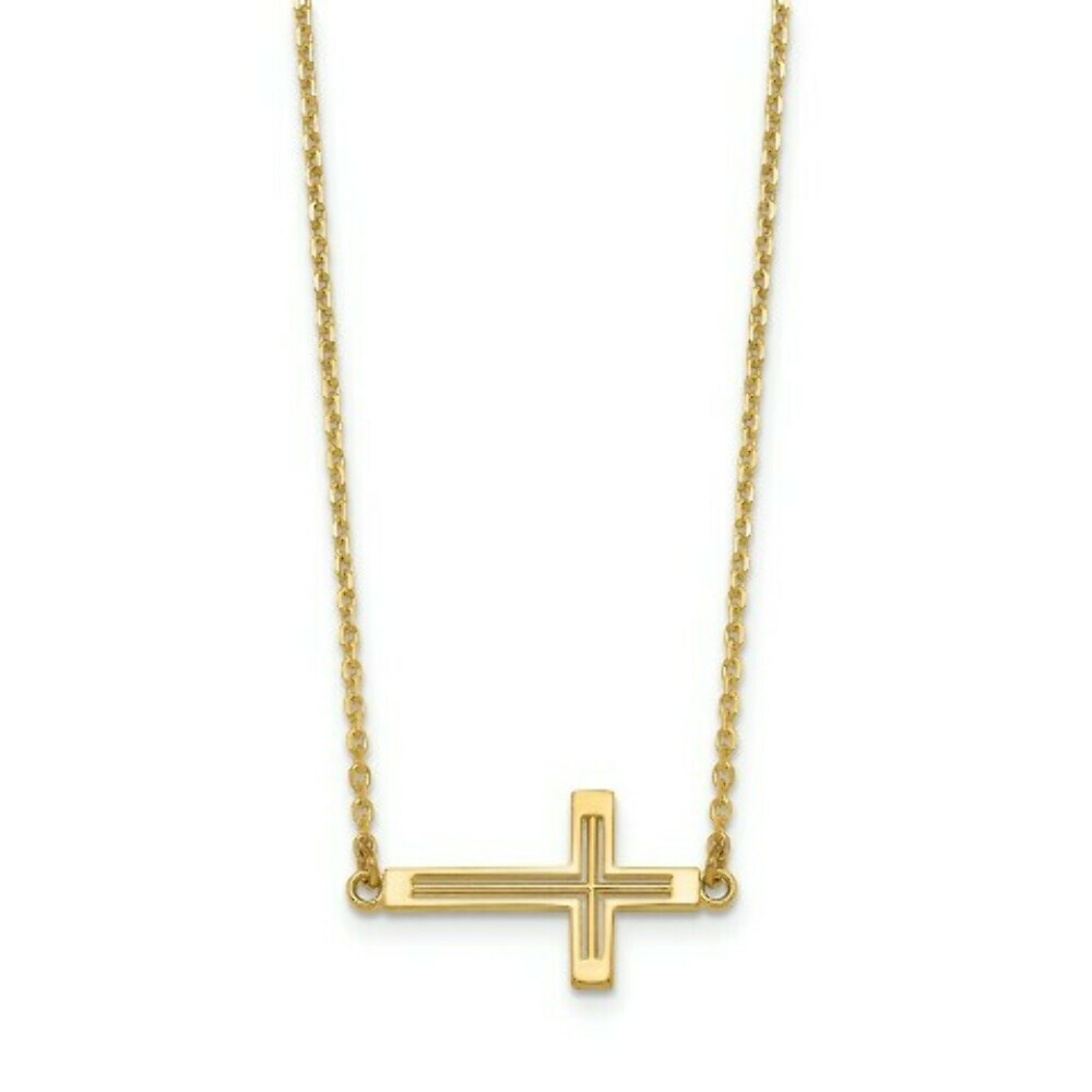 14K Yellow Gold Sideways Cut-out Cross Necklace  length: 19 inches