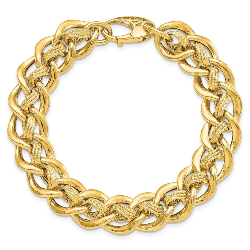 14K Yellow Gold Polished and Textured Fancy Link Bracelet  Length 8'' inches