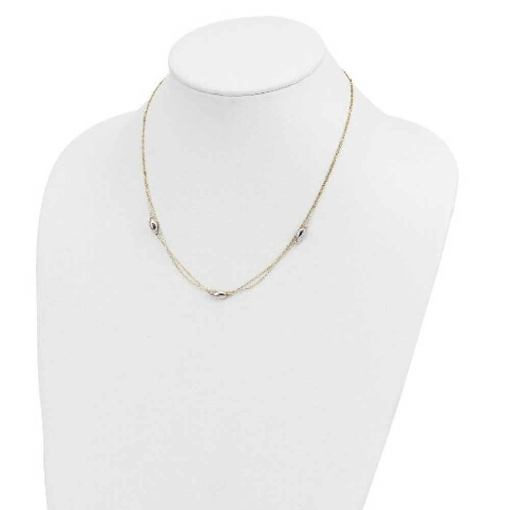 14K Yellow Gold Tri Color 2 Strand w/Puff Beads w/2'' Ext Necklace  Length 16'' inches