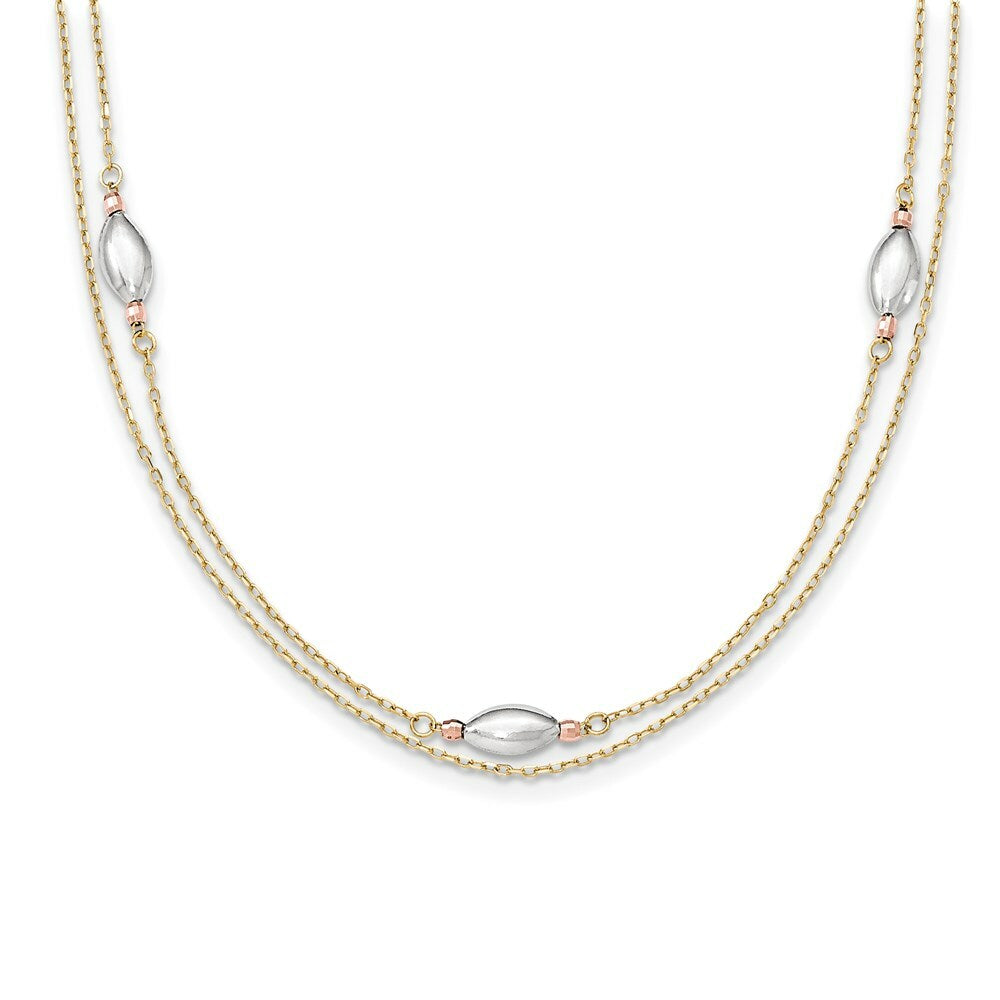 14K Yellow Gold Tri Color 2 Strand w/Puff Beads w/2'' Ext Necklace  Length 16'' inches