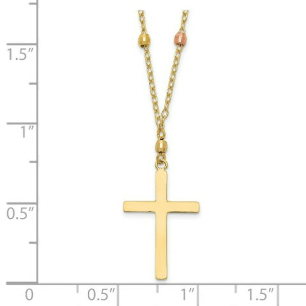 14K Yellow Gold Tri Colored Gold Diamond Cut Beaded Cross Necklace  Length 18'' inches