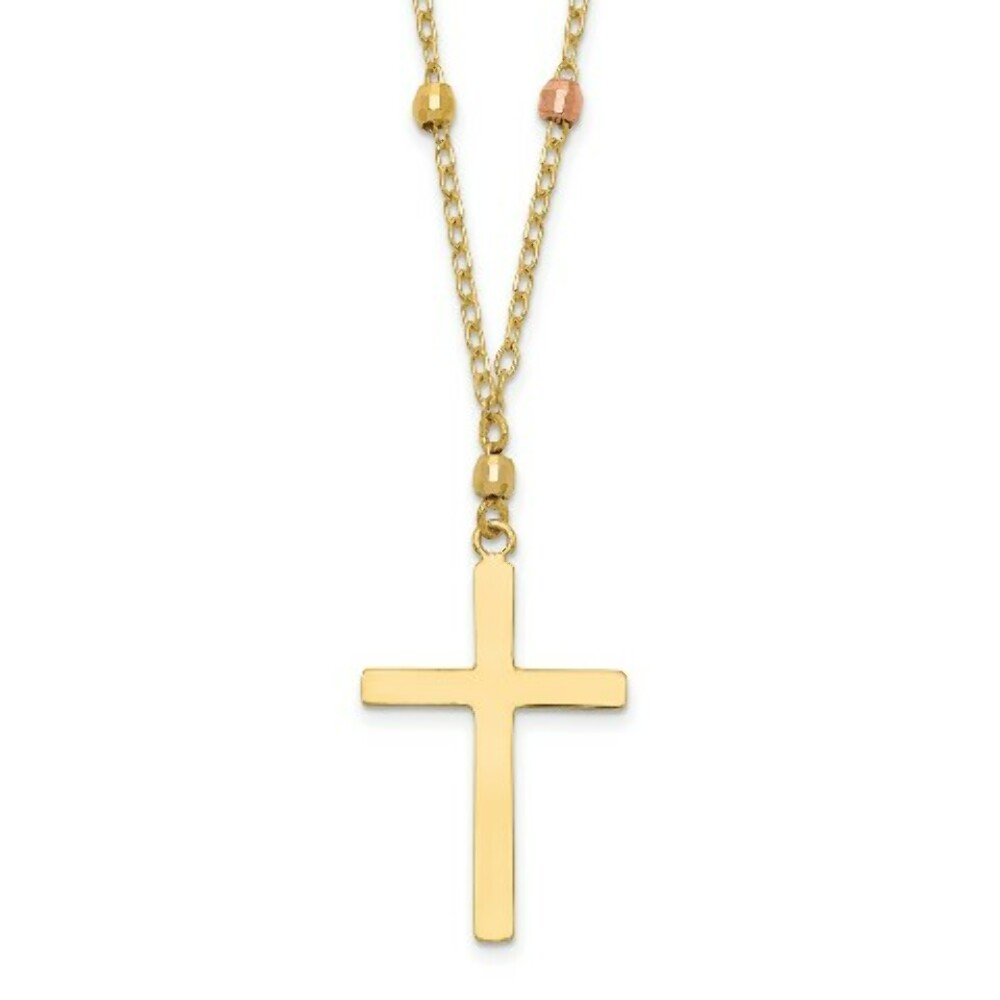 14K Yellow Gold Tri Colored Gold Diamond Cut Beaded Cross Necklace  Length 18'' inches