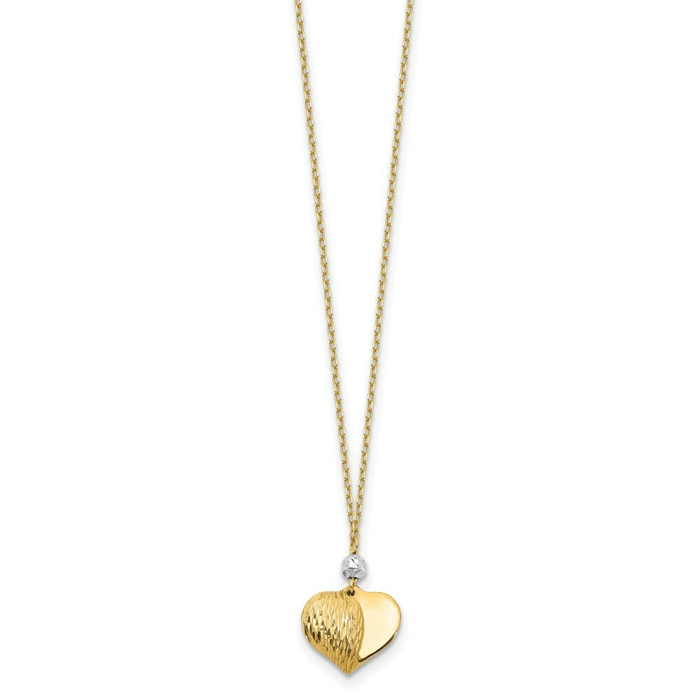14K Yellow Gold Two Tone Polished & Diamond-cut Puffed Heart Necklace  Length 18'' inches