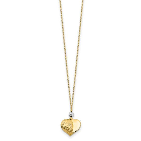 14K Yellow Gold Two Tone Polished & Diamond-cut Puffed Heart Necklace  Length 18'' inches