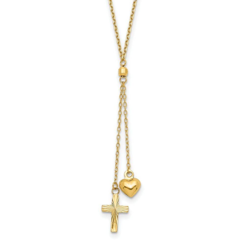 14K Yellow Gold Puffed Heart & Diamond-cut Cross Graduated Chain w/2'' Extension Necklace  Length 16'' inches