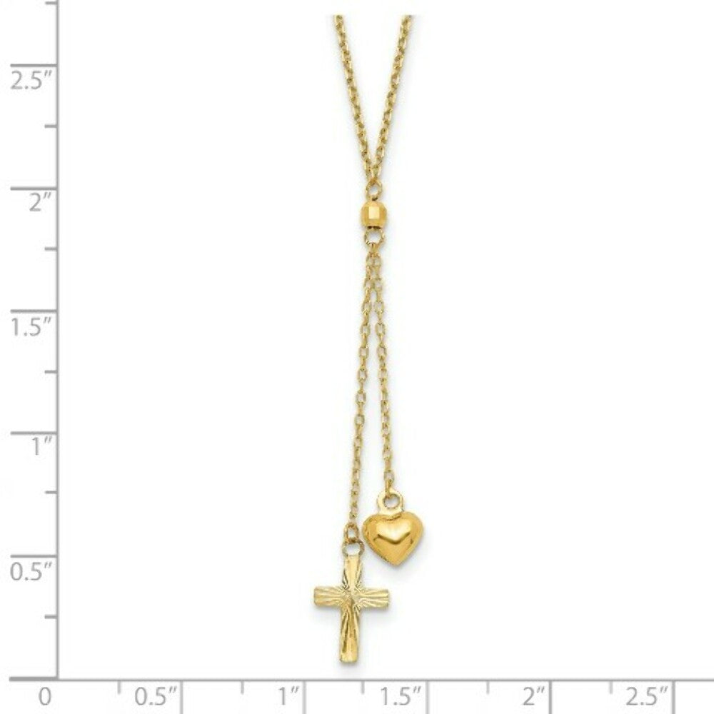 14K Yellow Gold Puffed Heart & Diamond-cut Cross Graduated Chain w/2'' Extension Necklace  Length 16'' inches