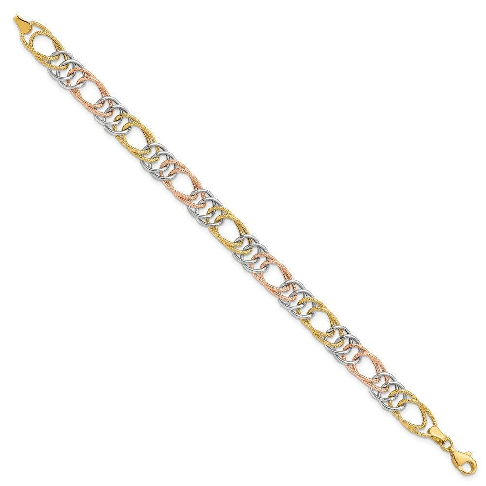 14k Tri-Color Gold Polished Textured Fancy Double Link Bracelet  length: 7.25 inches