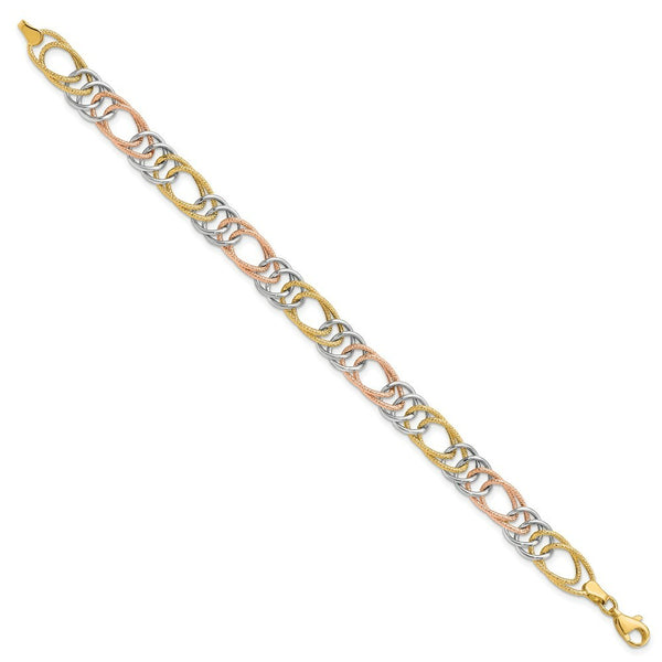 14k Tri-Color Gold Polished Textured Fancy Double Link Bracelet  length: 7.25 inches