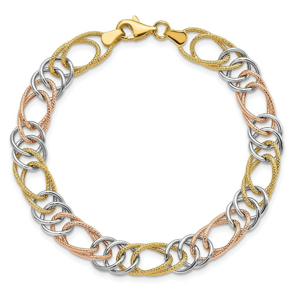 14k Tri-Color Gold Polished Textured Fancy Double Link Bracelet  length: 7.25 inches