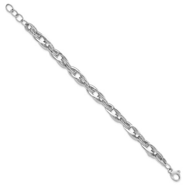 14k White Gold Polished and Textured Fancy Link Bracelet  length: 8 inches