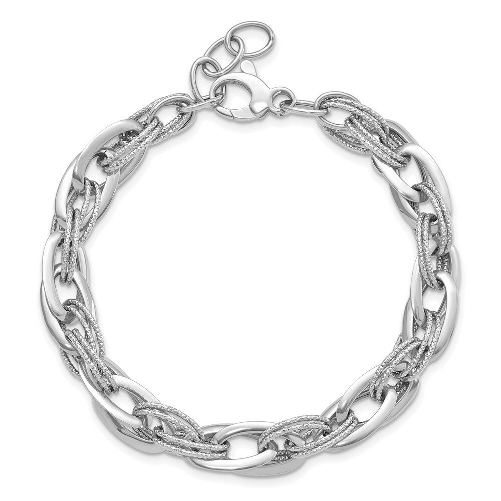14k White Gold Polished and Textured Fancy Link Bracelet  length: 8 inches