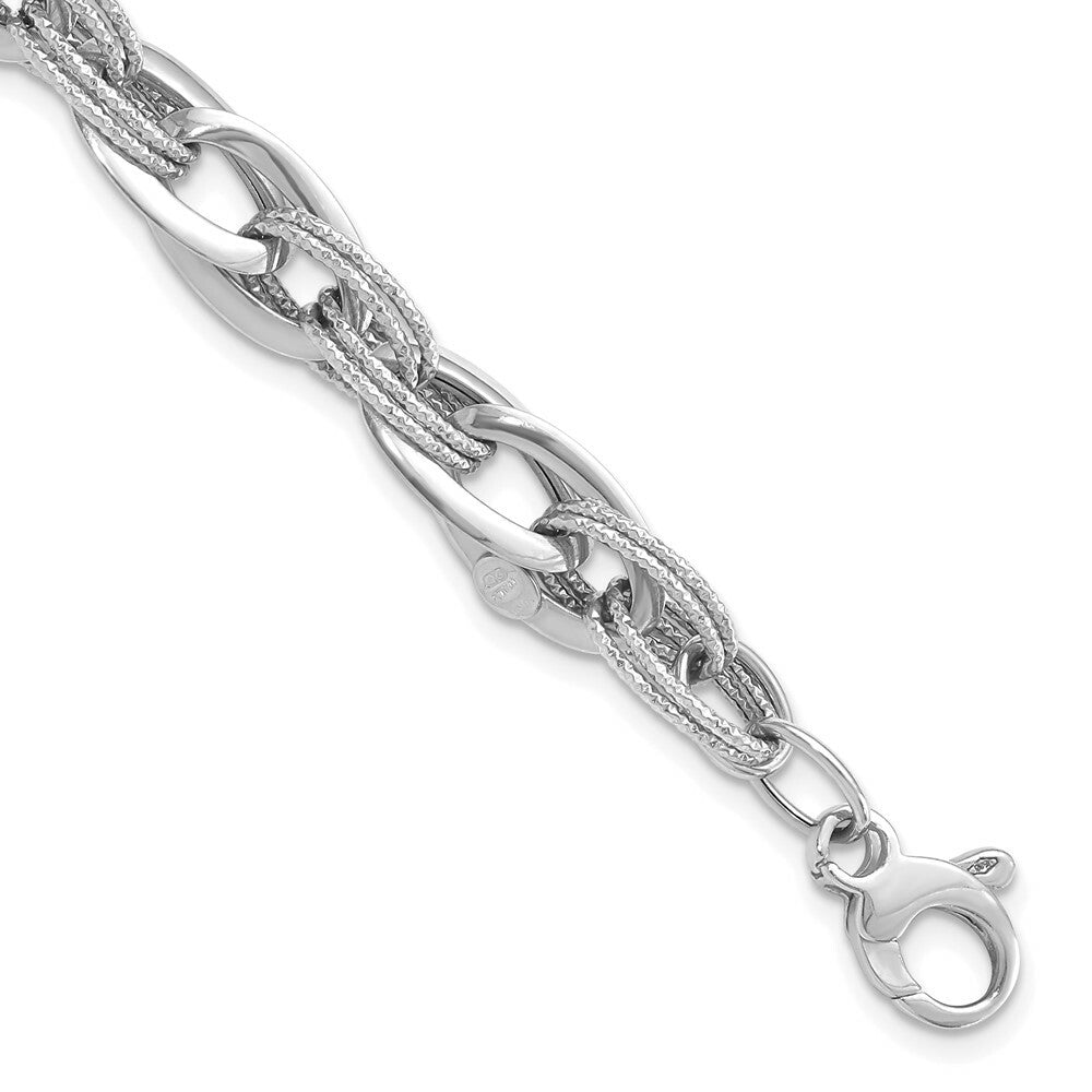 14k White Gold Polished and Textured Fancy Link Bracelet  length: 8 inches