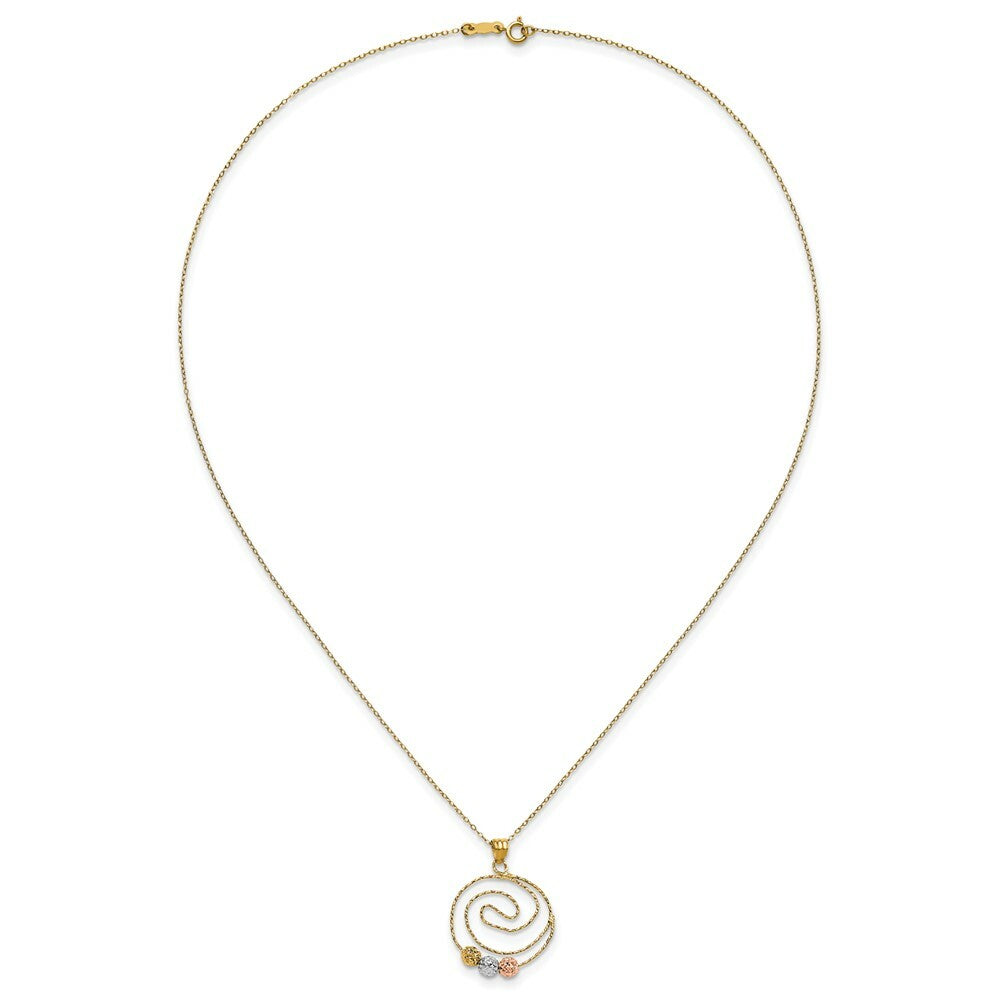 14k Tri-color Gold Diamond-cut Beads on Spiral Pendant Necklace  length: 18 inches