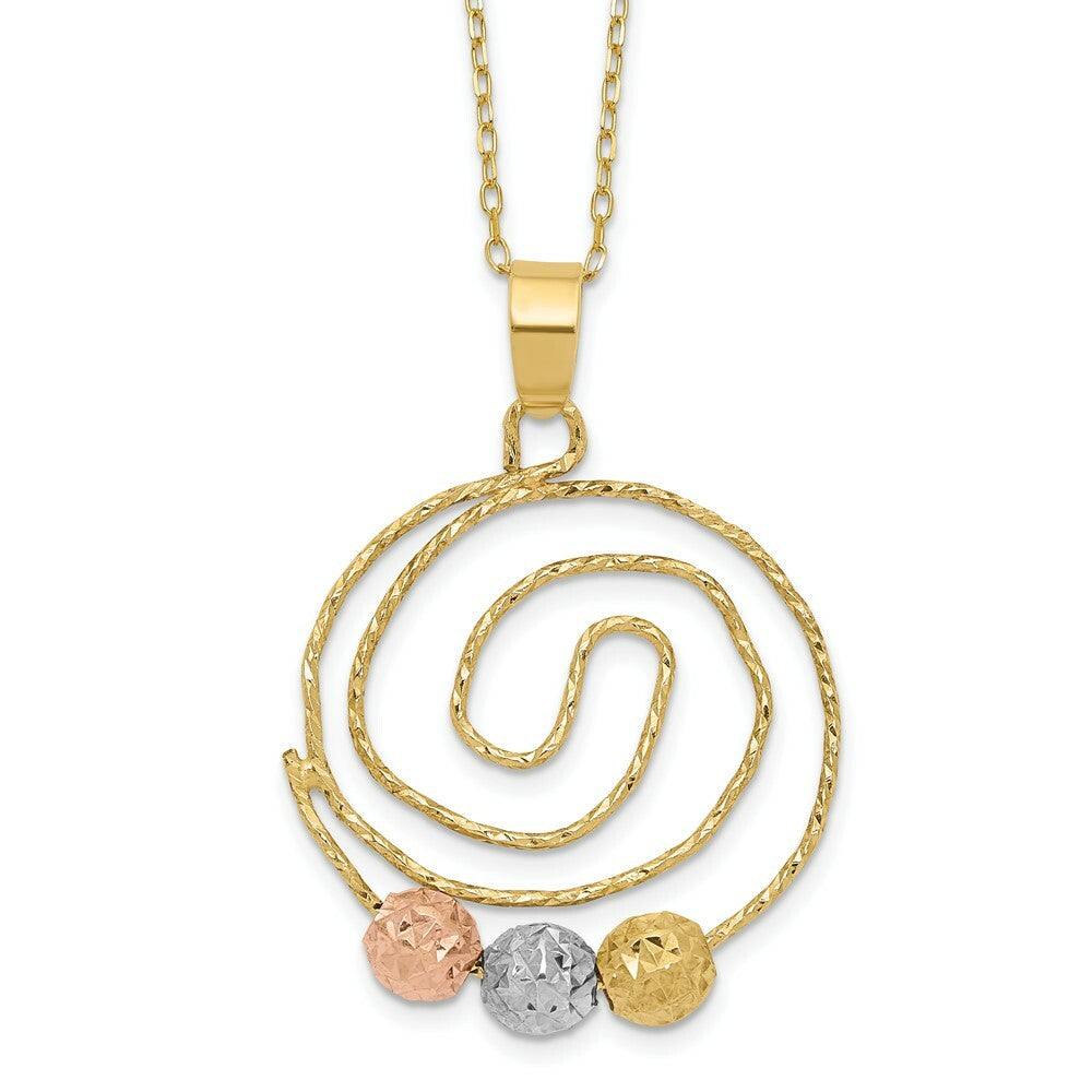 14k Tri-color Gold Diamond-cut Beads on Spiral Pendant Necklace  length: 18 inches