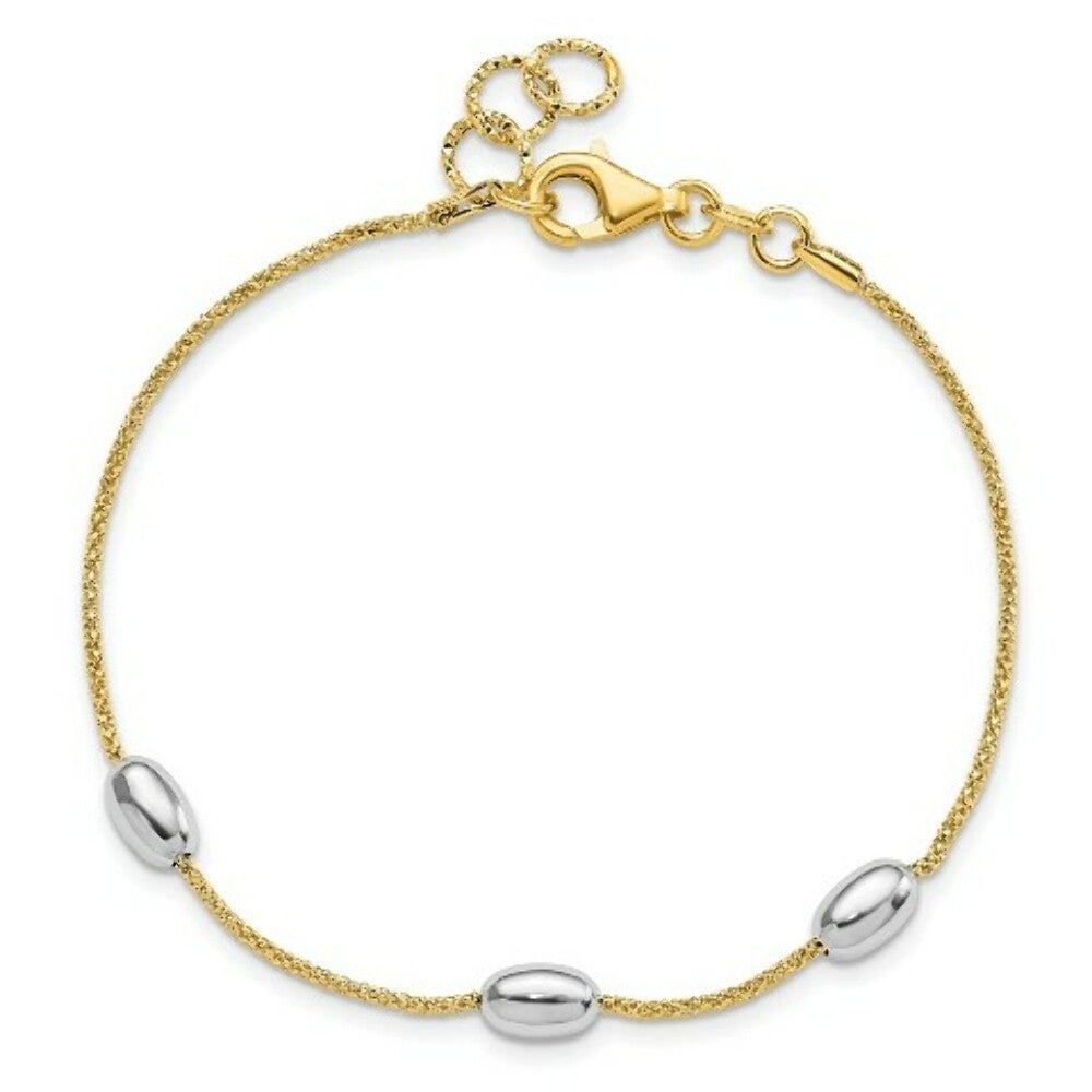 14k Two Tone Gold Polished 3 Station Oval Beads Bracelet  length: 7.5 inches