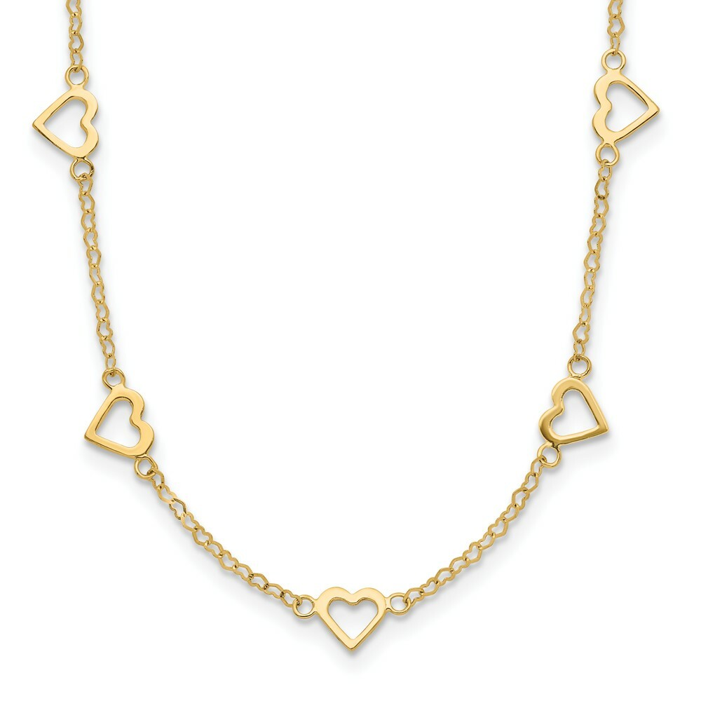 14K Yellow Gold Open Hearts on Heart Link 17-Station Necklace  length: 18 inches