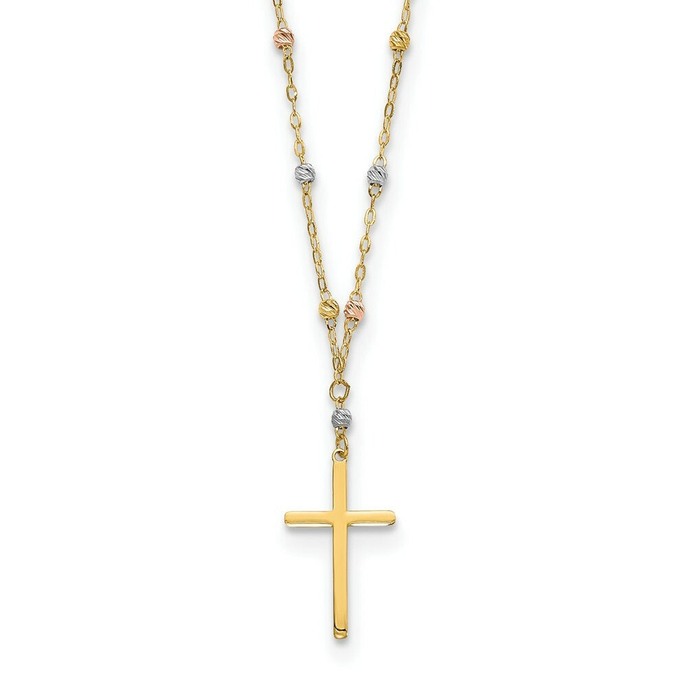 14k Tri-color Gold Diamond-cut Beaded Polished Cross Necklace  length: 17 inches