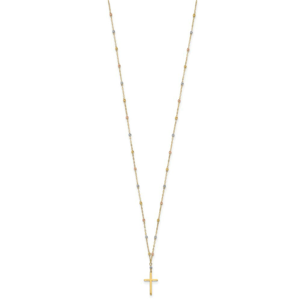 14k Tri-color Gold Diamond-cut Beaded Polished Cross Necklace  length: 17 inches