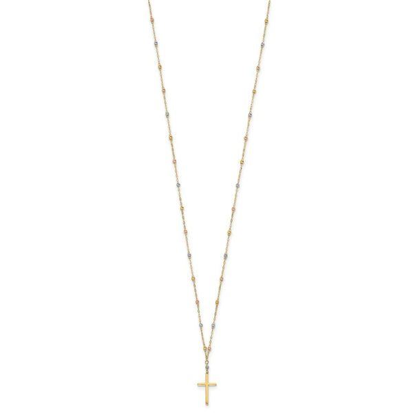 14k Tri-color Gold Diamond-cut Beaded Polished Cross Necklace  length: 17 inches