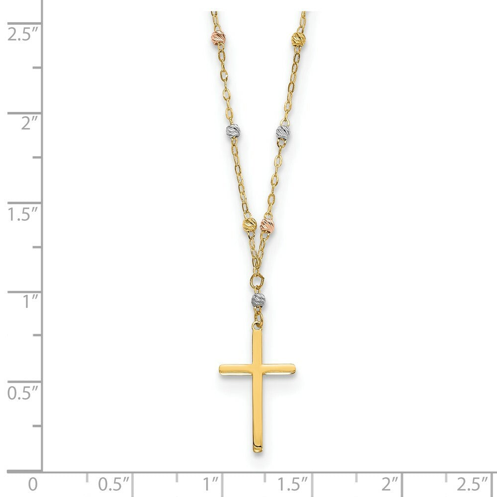 14k Tri-color Gold Diamond-cut Beaded Polished Cross Necklace  length: 17 inches