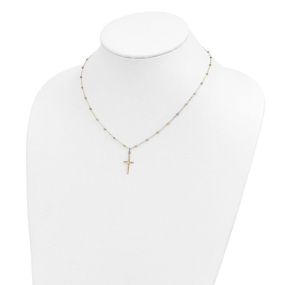 14k Tri-color Gold Diamond-cut Beaded Polished Cross Necklace  length: 17 inches