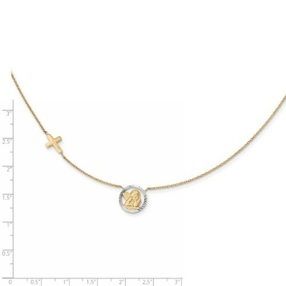 14k Yellow Gold with Rhodium-plated Diamond-cut Angel & Cross Necklace  length: 17 inches