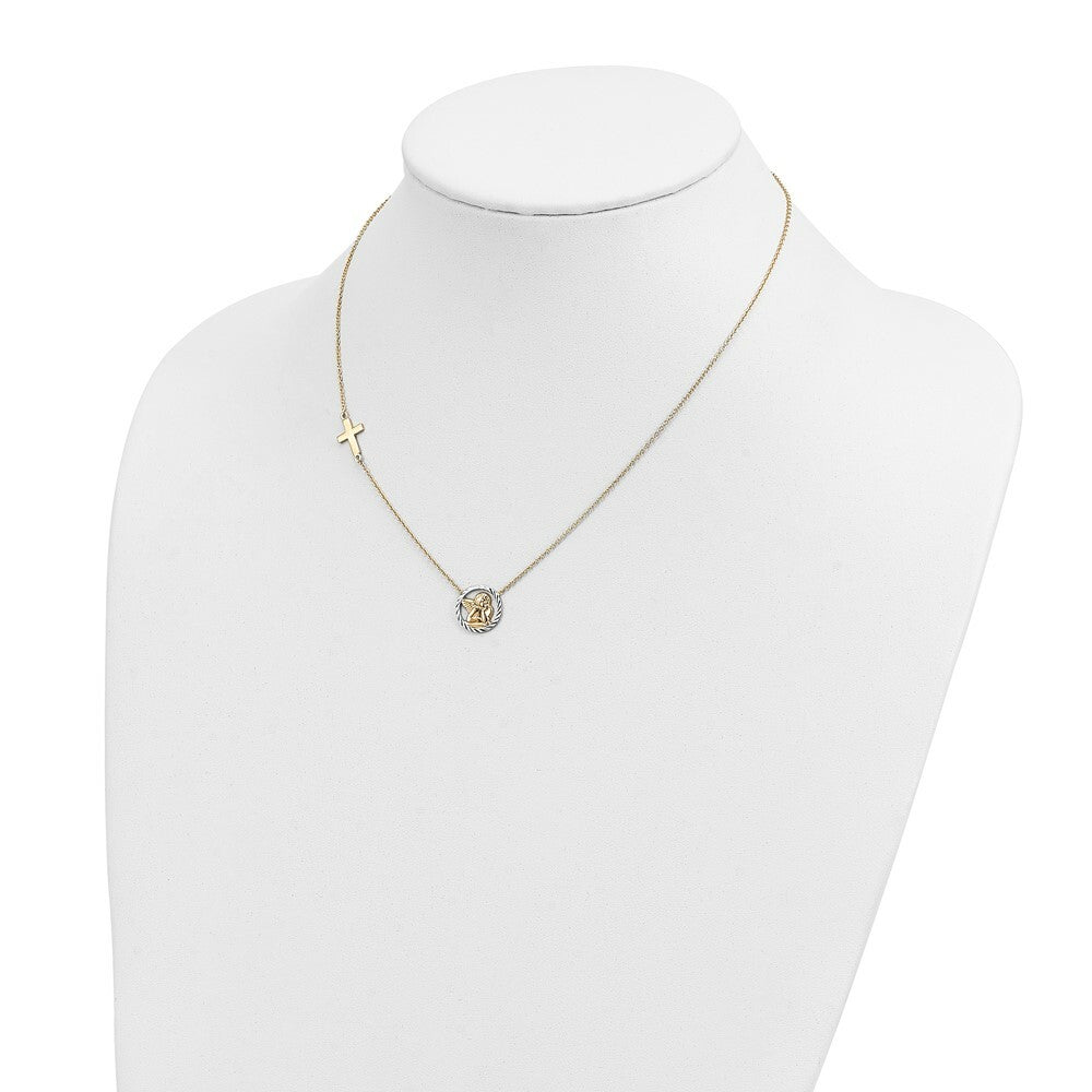 14k Yellow Gold with Rhodium-plated Diamond-cut Angel & Cross Necklace  length: 17 inches