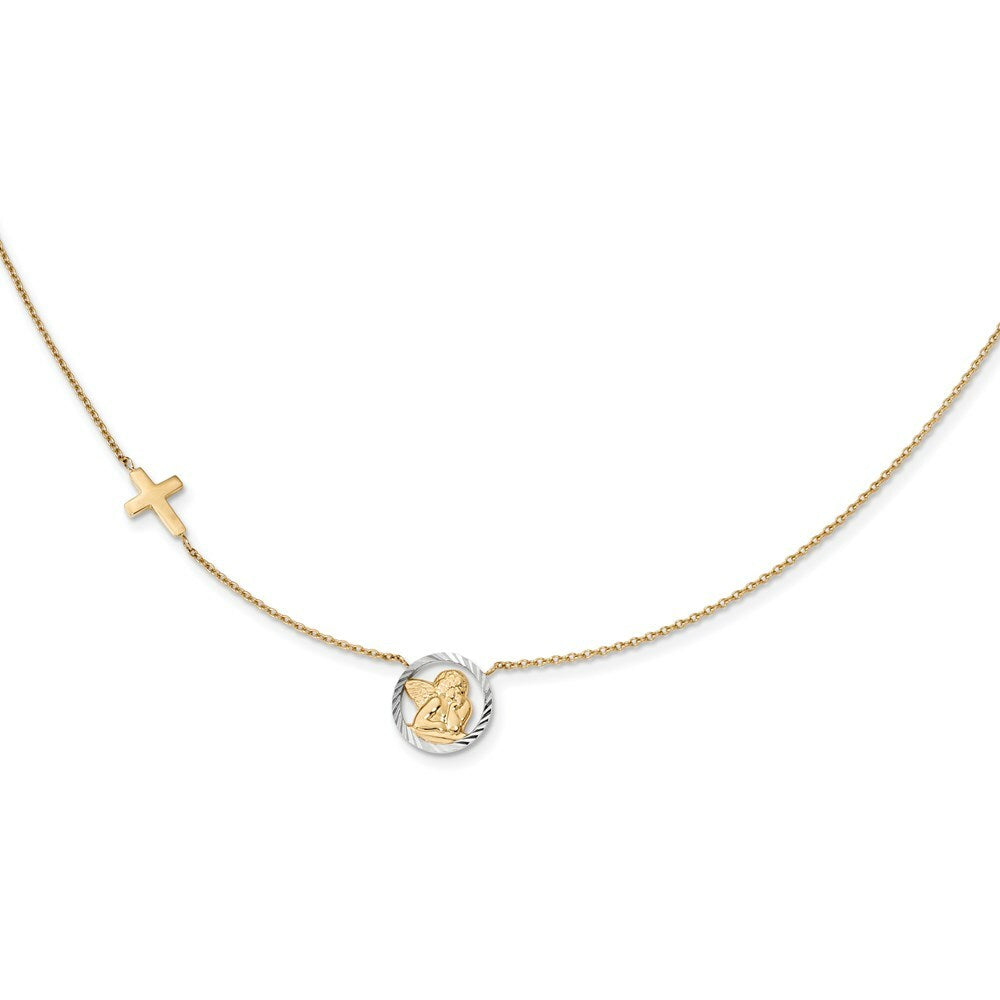 14k Yellow Gold with Rhodium-plated Diamond-cut Angel & Cross Necklace  length: 17 inches