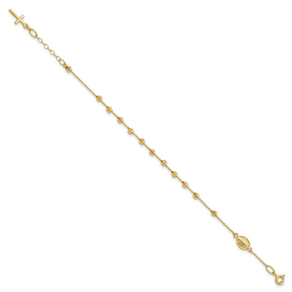 14K Yellow Gold Diamond-cut Cross and Miraculous Medal .75in ext. Bracelet  length: 6.75 inches