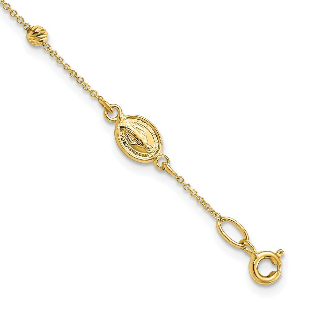 14K Yellow Gold Diamond-cut Cross and Miraculous Medal .75in ext. Bracelet  length: 6.75 inches
