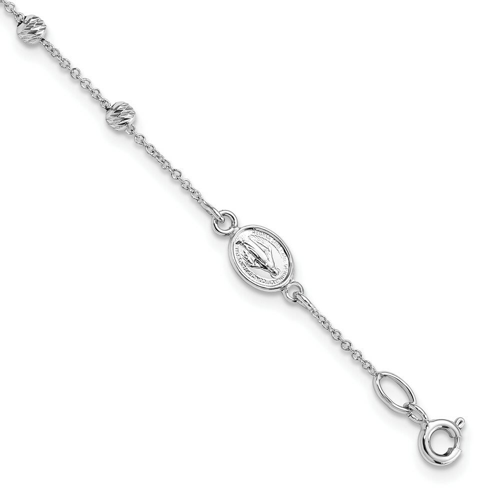14k White Gold Diamond-cut Cross and Miraculous Medal .75in ext. Bracelet  length: 6.75 inches