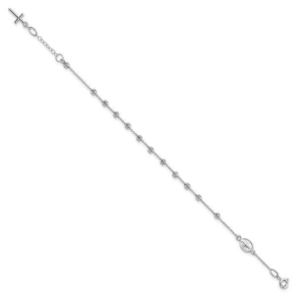 14k White Gold Diamond-cut Cross and Miraculous Medal .75in ext. Bracelet  length: 6.75 inches
